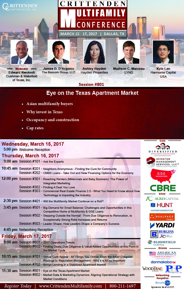 apartmentpro's tweet photo. On 3/17 I will be in #Dallas moderating a panel on the #Texas #Apartment Market at the @crittendenconf! #Multifamily @CushWakeHOUSTON https://t.co/5QnxiUnRXU