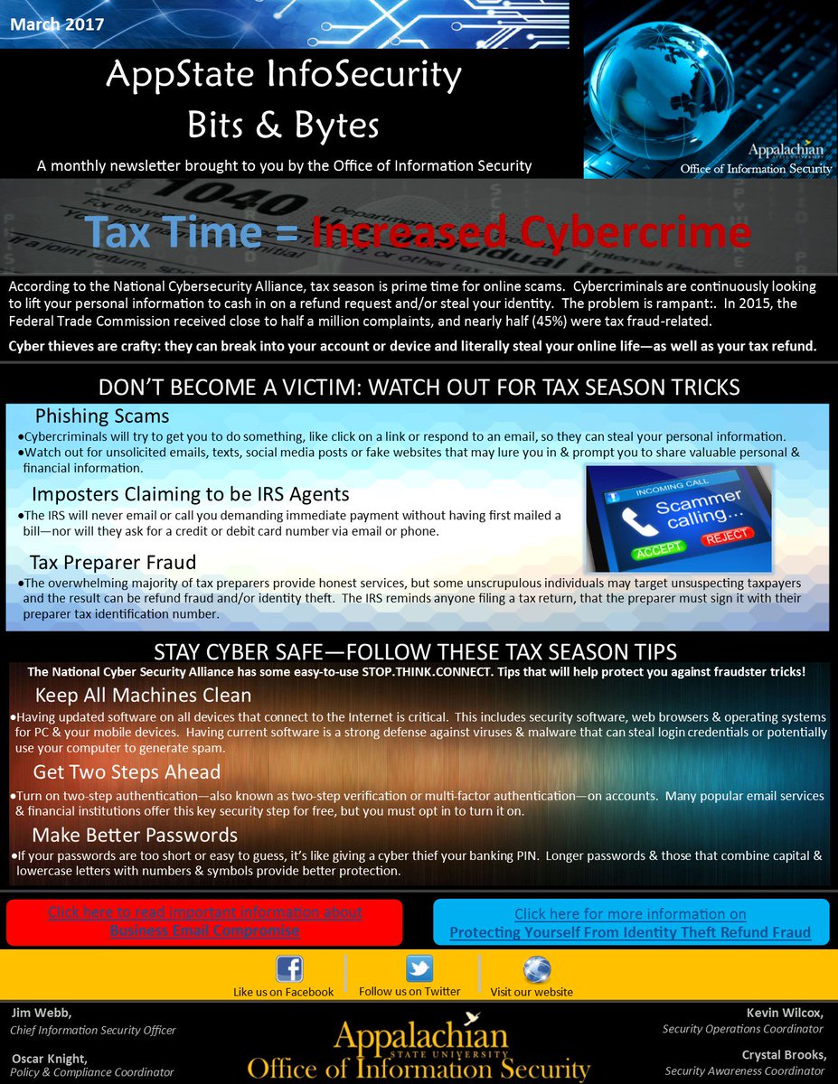 appinfosec's tweet image. Don&apos;t Become a Victim of Tax Cybercrime!  Read March Newsletter to learn more!  #AppState  #Officeofinformationsecurity