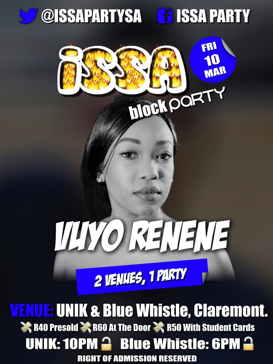 IssaPartySA's tweet photo. .@VuyoReneneSA will be performing her latest track, #ShowMeLove for the first time, at #IssaBlockParty10March !! https://t.co/BNFhzfj56o