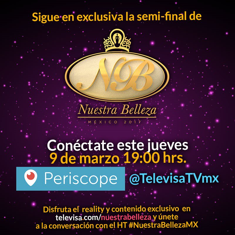 TelevisaTVmx's tweet photo. Cónectate hoy a las 19:00hrs y no te pierdas la semi - final de #NuestraBellezaMX 
Disfruta el reality por https://t.co/YGjaPPj9LH https://t.co/KRQ94aIPlX