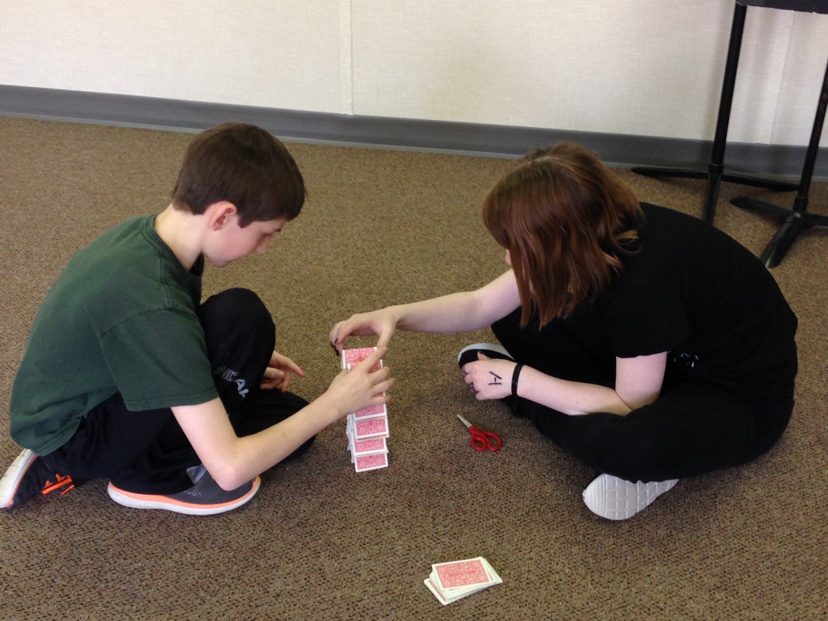 6th grade STEM challenge.
52 cards, 1 scissors, 10 minutes to build the tallest tower they can.  😀