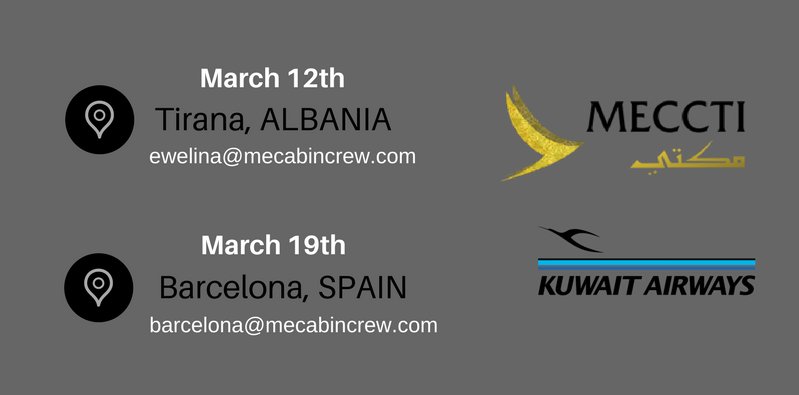 MECCTI's tweet photo. Our upcoming Cabin Crew Recruitment events in #Tirana and #Barcelona. 

For more, visit our site: https://t.co/wd6s6va0Wh

#cabincrew https://t.co/jv2GECOe4U