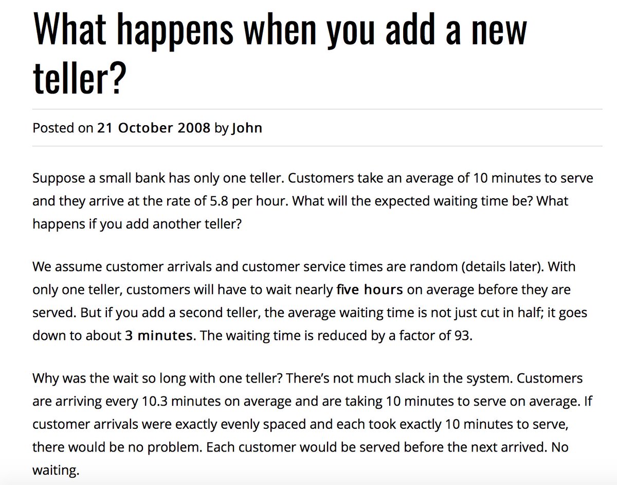 wareFLO's tweet image. #QueuingTheory is fascinating! Ex: If add just one new teller to bank w/one teller? Average wait drops from 5 hours to 3 minutes! #KareoChat