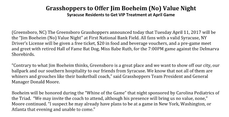 Oh my, the <a href="/GSOHoppers/">Greensboro Grasshoppers</a> are out here eviscerating Boeheim.