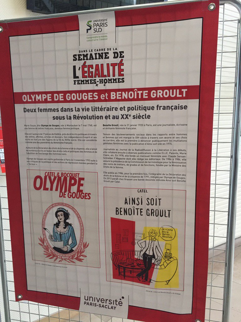 AmHeugas's tweet photo. Semaine de l'égalité Femmes-Hommes à @u_psud @UFR STAP #Olympe de Gouges &amp; #Benoite Groult pionnières du féminisme https://t.co/4LtXgpGStB