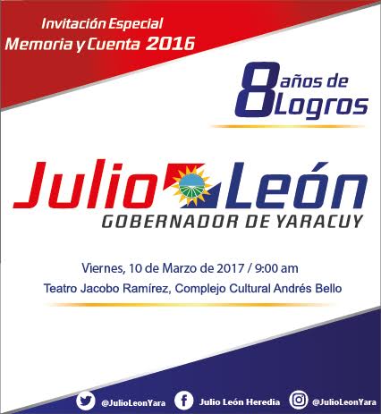 nibeancorona's tweet photo. Gob.@JULIOLEONYARA invita al pueblo de #Yaracuy a la presentación de la Memoria y Cuenta 2016. Viernes 10/03/2017.Teatro Jacobo Ramírez.9am https://t.co/R3YBZcuXeT