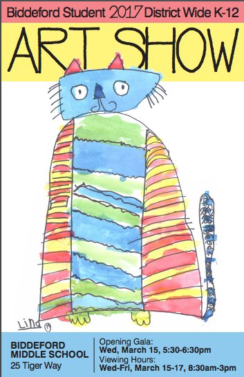 CreateArtBMS's tweet photo. Biddeford School Department's K-12 Bi-Annual Art Show! Mark your calendars for the opening: BMS 3/15 at 5:30-art, live music, free food! https://t.co/kjw5BGCjxt