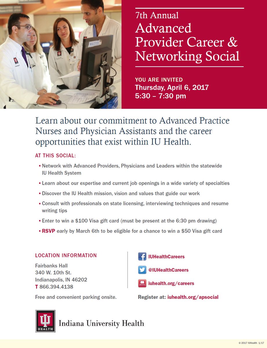 IUHealthCareers's tweet photo. 1 month from the #IUHealth 7th Annual #AdvancedProvider Career & Networking Social! Providers, register here: https://t.co/sT8TSufqWL https://t.co/MgUQAO0qtE