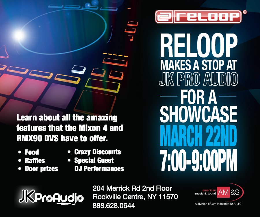 . <a href="/ReloopDJ/">Reloop DJ</a> is making a stop at JK Pro Audio on March 22nd!