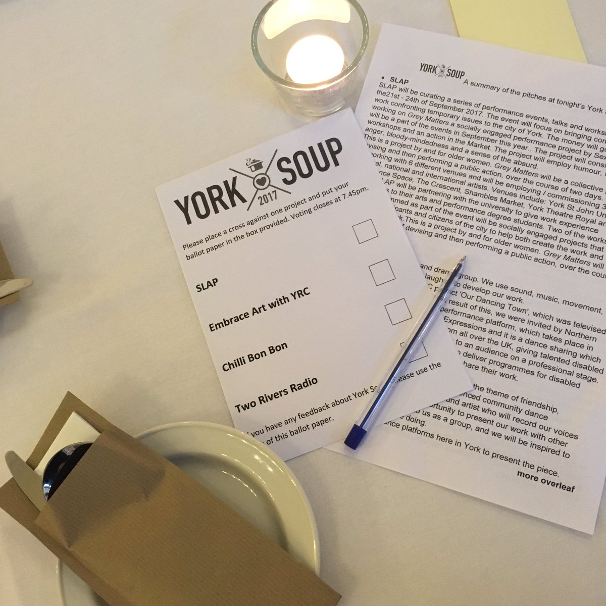 Looking forward to 4 pitches tonight - hearing from SLAP, Chilli Bon Bon, Two Rivers Radio &amp; EmbraceArt with YRC #YorkSoup