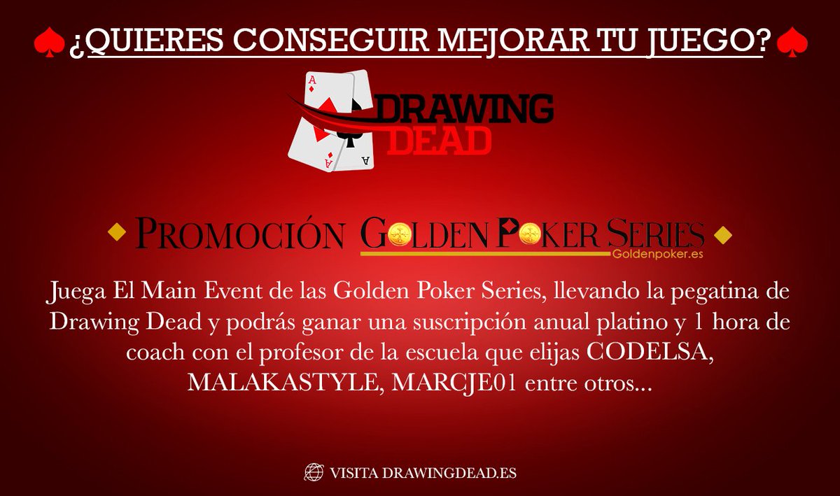 goldengamesint's tweet photo. Gran promoción de la mano de Drawing Dead, no la dejes escapar #poker #lastlonger #escuela #coach #mainevent #goldenpokerseries #madrid https://t.co/2cwvKcRLc8