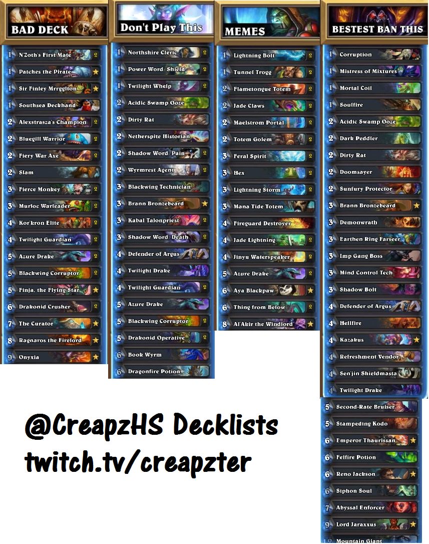 Here is the decklists I used to win Get Herminated open cup last night. Banned Warlock -> Druid/Priest/Rogue. Rat MVP. 🤣