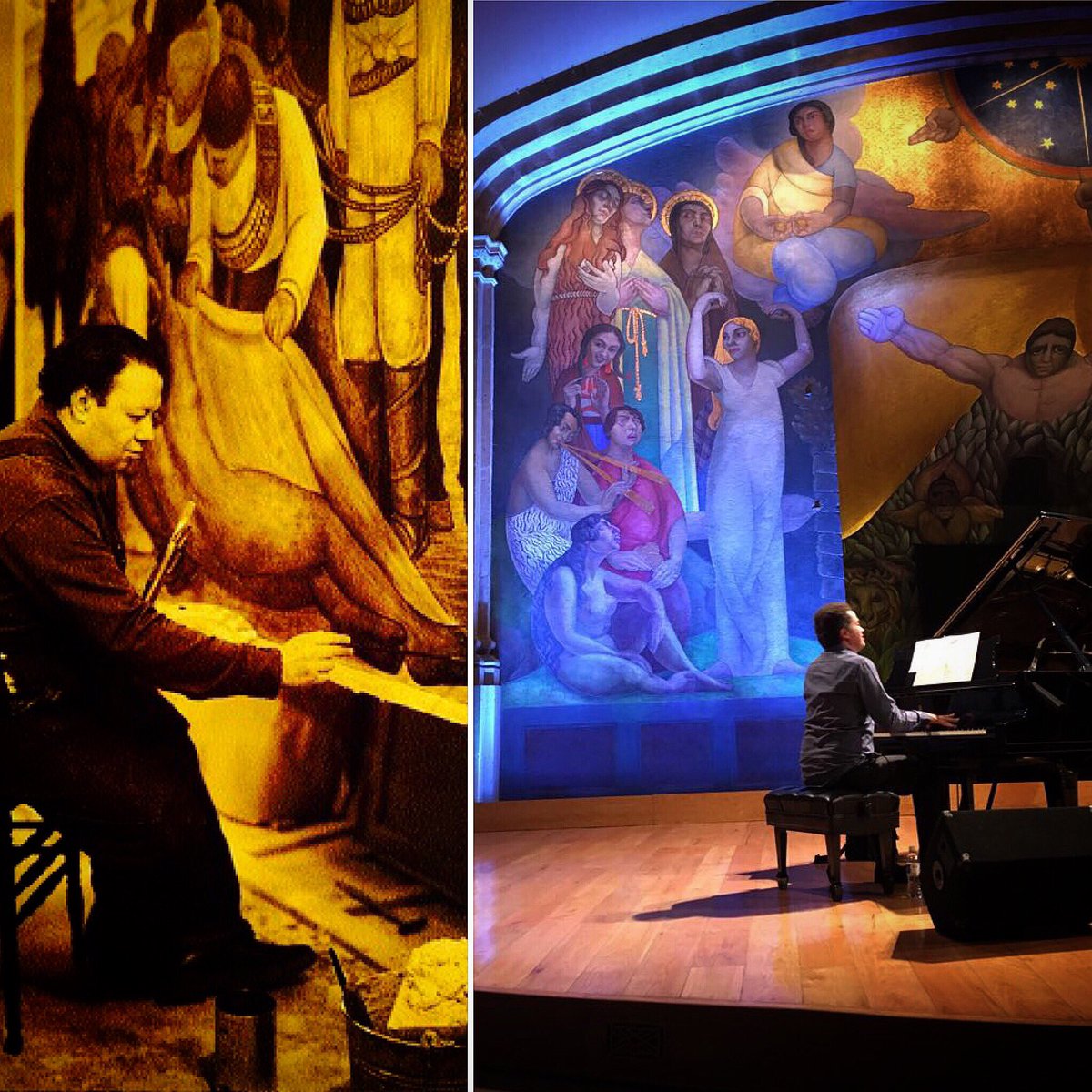 MasQueMemoria's tweet photo. 95 años después. Cambio de artista, composición similar: Diego Rivera frente a Alejandro Mercado. Música y Arte combinados. #MásQueMemoria https://t.co/g3kcr28yk1