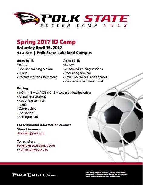 PolkStateSoccer's tweet photo. Sign up for the 2017 Spring ID Camp hosted by the Polk State College women's soccer program. #SoarEagles https://t.co/uHQgFVJRII