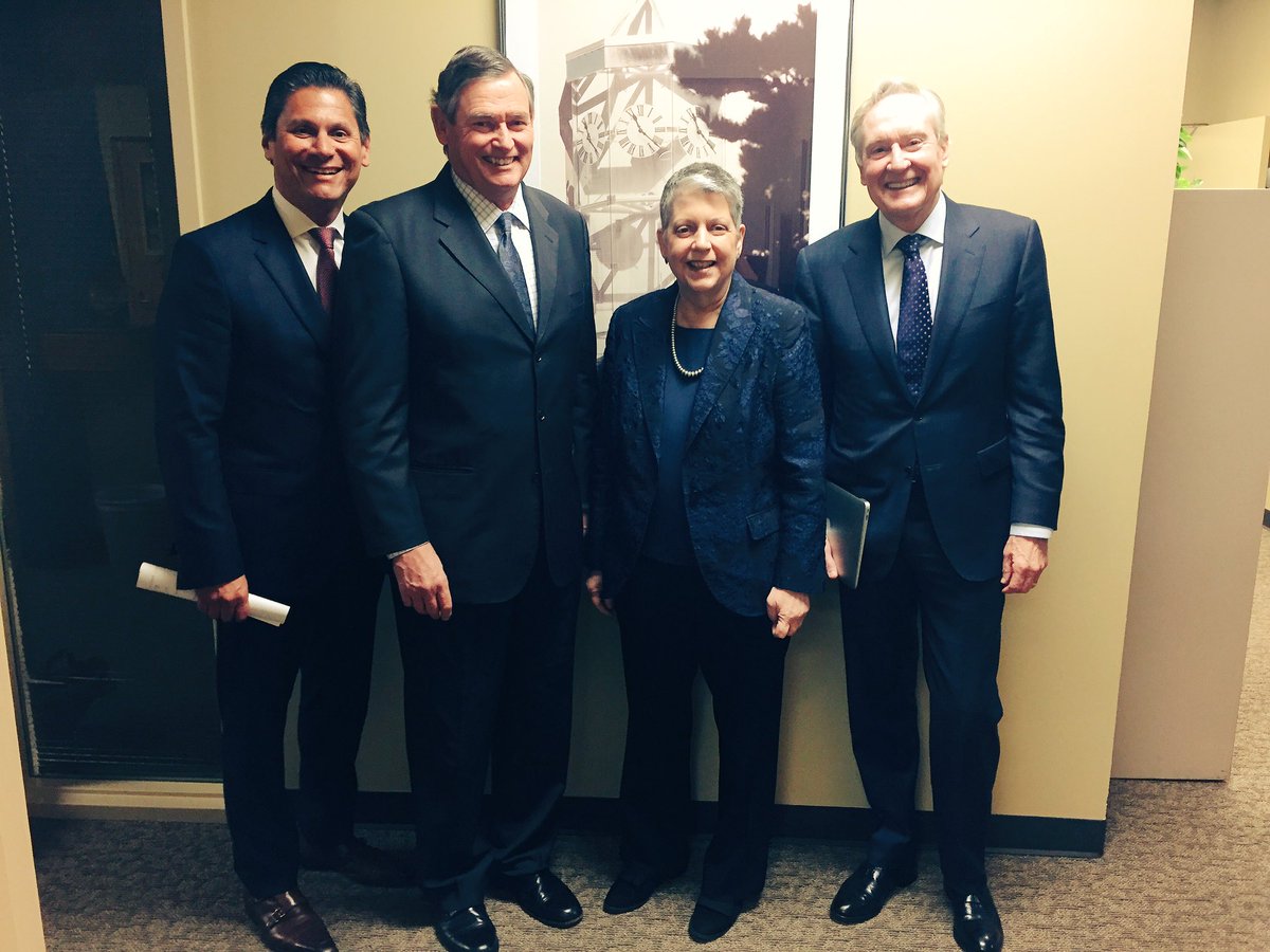 (L-R) California Community Colleges Chancellor Eloy Ortiz Oakley, Cal State University Chancellor Timothy White, UC President Janet Napolitano, UC Board of Regents Chairman George Kieffer (University of California)