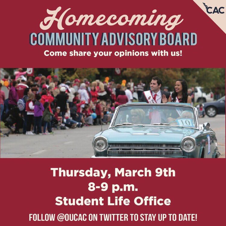 OUCAC's tweet image. .@UofOklahoma Come share your opinion and help make Homecoming 2017 the best yet! Tonight at 8pm in Student Life!