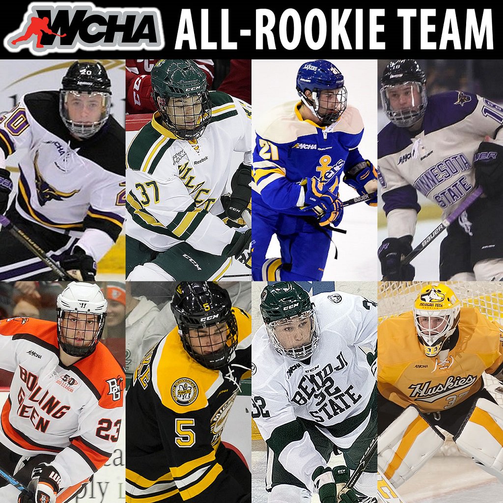 WCHA_MHockey's tweet photo. #WCHA All-Rookie Team: MSU's Michaelis &amp; Scheid, NMU's Craighead, LSSU's Humitz, BGSU's Rauhauser, MTU's Reinke &amp; Redmond, BSU's Whitecloud https://t.co/SxhIM0q9Y7