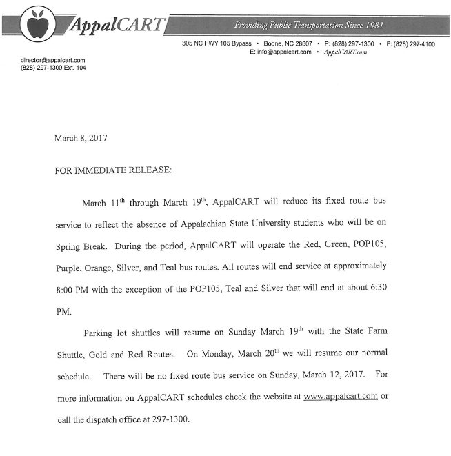 AppalCART's tweet photo. AppalCART will be on its break schedule beginning Saturday, 3/11/17. See attached. https://t.co/R8hEkiYhvh