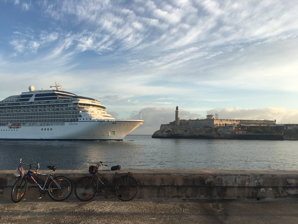 springobrien's tweet photo. @OceaniaCruises made history this morning with Marina's inaugural voyage to Cuba! Here she is sailing into the Havana Harbor #Cuba #travel https://t.co/yCd9uRjnA5