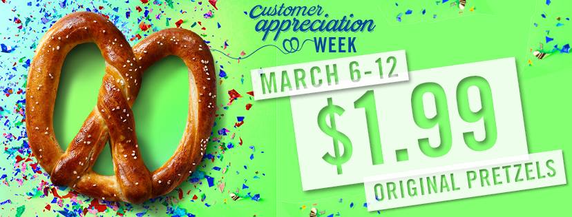 Enjoy an Original Pretzel for just $1.99 this week <a href="/AuntieAnnes/">Auntie Anne’s</a>