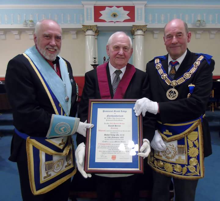 Bro Ron Herron received 60yrs cert by PGM last night. Bro Ron  also promoted  to PProvGSteward by the PGM.
Ron a fine Mason and gentleman.