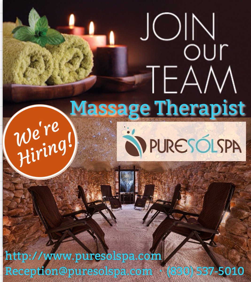 Our Good Friends at Puresól Salt Cave Spa are hiring! Location:Beautiful Tapatios Resort Call/email Reception@puresolspa.com 
(830) 537-5010