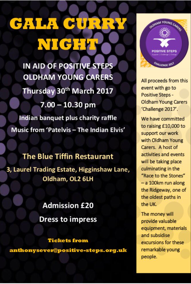 SyedMarufali786's tweet photo. Tickets on sale for the @PositiveSteps Gala Curry Night @BlueTiffin 30/3 £20pp. #PSChallenge17, raising £10k for Oldham Young Carers. RT. https://t.co/ckNImzDtF3