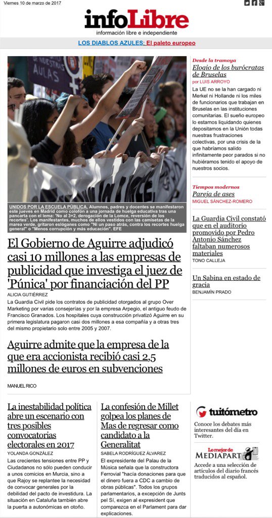 jesusmarana's tweet photo. Portada de @_infoLibre: el juez sigue el rastro de las adjudicaciones del Gobierno #Aguirre https://t.co/P29FgXhcfX https://t.co/Dg2kintkil
