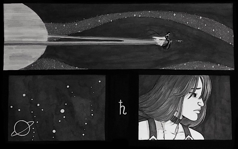 SailorMoonEvent's tweet photo. @andreacecelia illustrated Princess Saturn sitting in silence on the rings of her planet. 🖤 #SMMB2017 https://t.co/B7MLJHSmvL