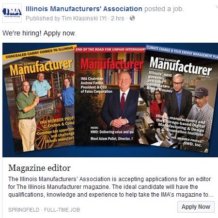 The Illinois Manufacturers’ Association is seeking an editor for The Illinois Manufacturer magazine - apply today! facebook.com/pg/ILManufactu…