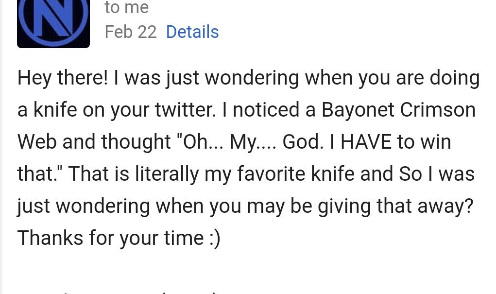 skin_ga's tweet photo. My current knife giveaways was at the request of a follower! Make sure to send an email for contact (cant keep track of all tweets) 😘 https://t.co/S2FTOANyqk