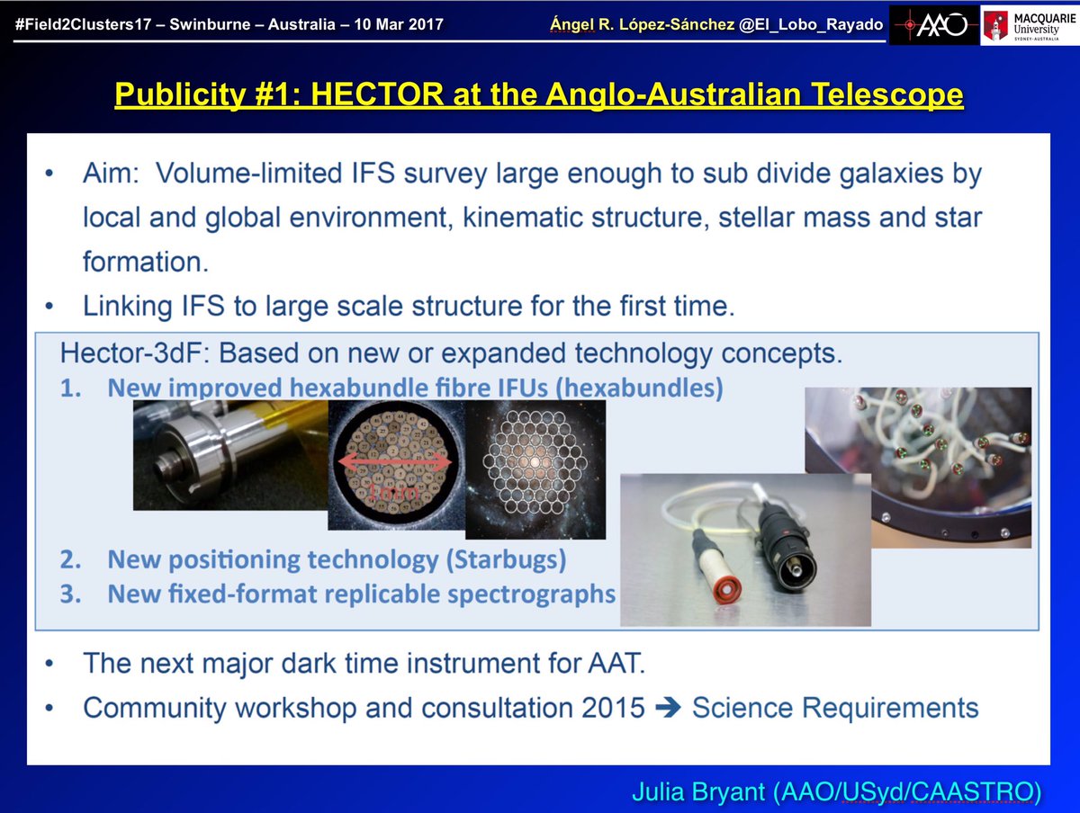 El_Lobo_Rayado's tweet photo. Next multi-IFS survey at @AAOastro AAT is HECTOR that ideally aims to get ~80000 galaxies. Synergies with ASKAP surveys #field2clusters17 https://t.co/Q0Kqhqm5BR