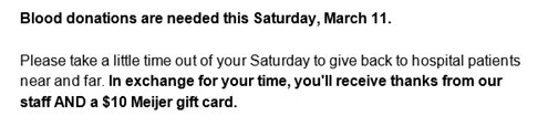 EPworthington's tweet photo. I appreciate the importance of blood donations; but I'm insulted by the suggestion that I would do anything for a $10 Meijer Gift Card. https://t.co/ThSCw7M1xF