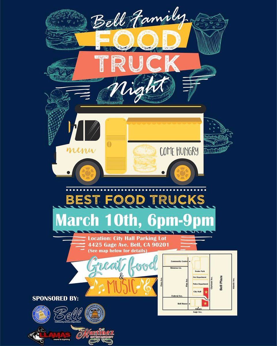 FRI <a href="/CityofBell/">City of Bell</a> Night Market 6-9pm music, local vendors &amp; EAT w/ @thetacklebox_sc <a href="/burnttoacrisptx/">Burnt To A Crisp</a> <a href="/tweetlacake/">LA-Cake</a>! 4425 Gage Ave