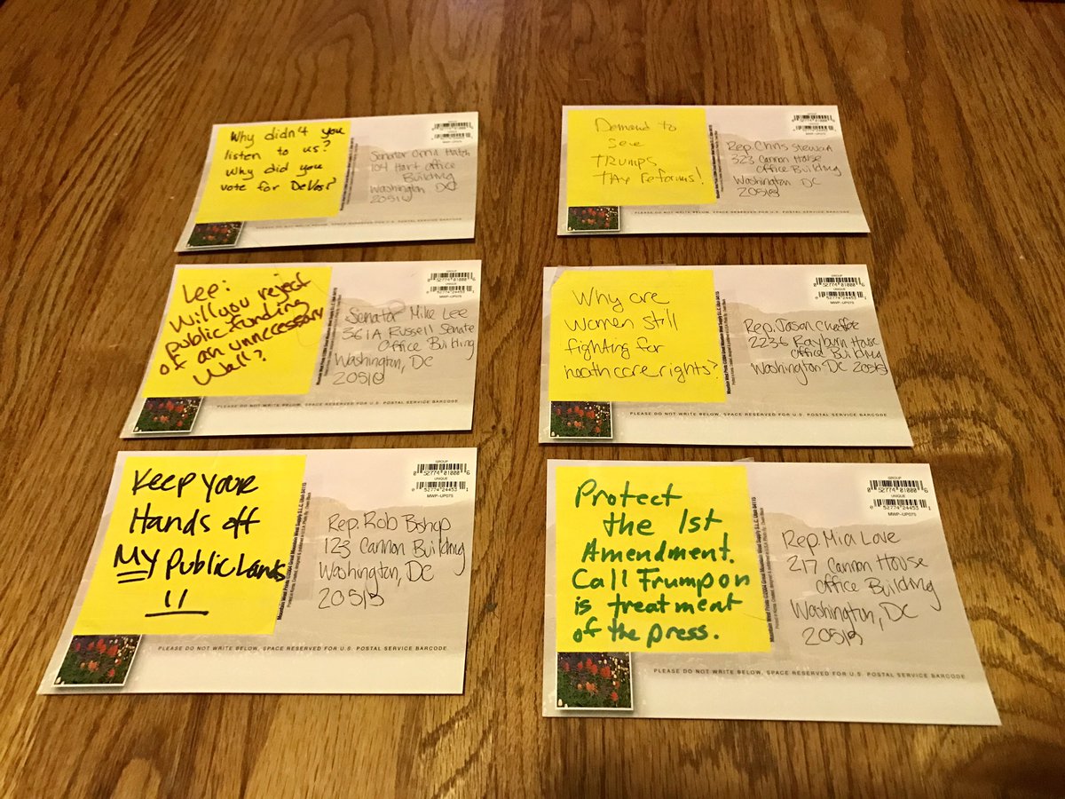 UtahnsSpeakOut's tweet photo. Day 2 of #TownHallForAll messages got mailed today! @SenOrrinHatch @SenMikeLee @RobBishopUT @RepChrisStewart @jasoninthehouse @RepMiaLove https://t.co/OmIMQGg48D