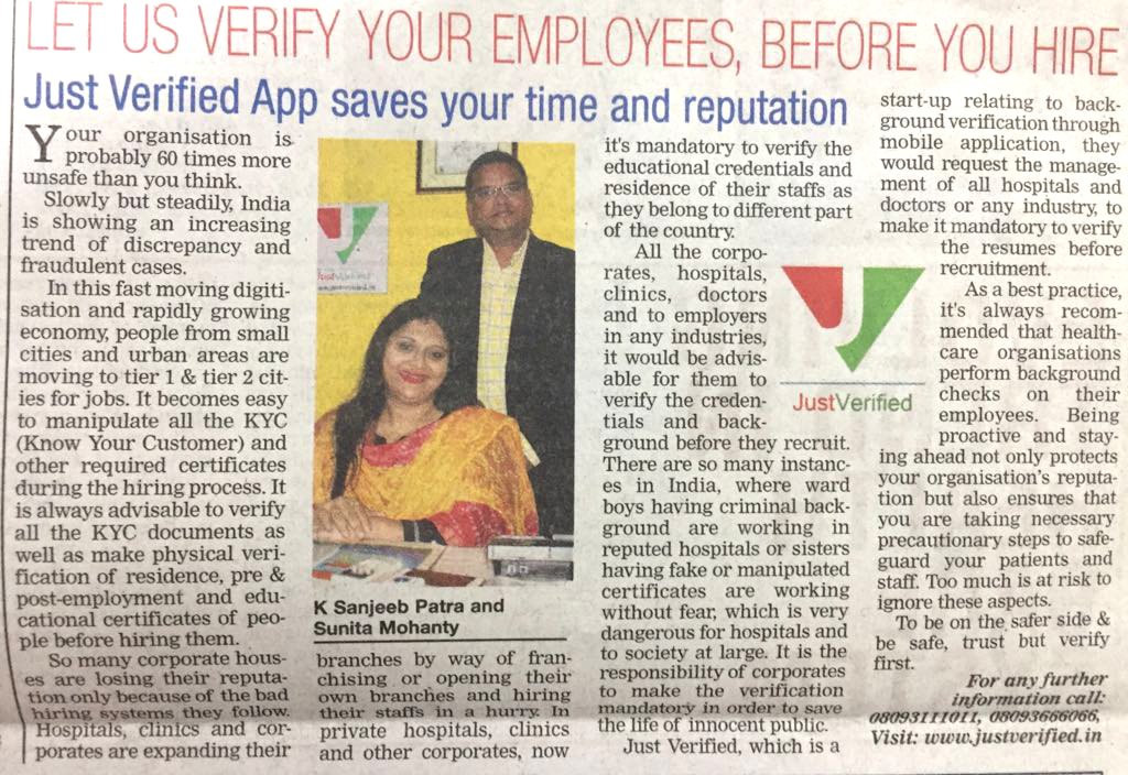 JV_verif's tweet photo. "JustVerified saves your time and reputation" new coverage in TIMES OF INDIA Today. #timesofindia #justverified https://t.co/G8VxnRkdUR