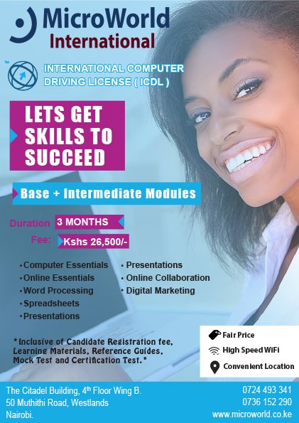 MicroWorldKe's tweet photo. ICDL is a world wide accepted computer certificate? Fit into any work environment with this key computer skills. Try us today! https://t.co/VIWv5pmZ7c