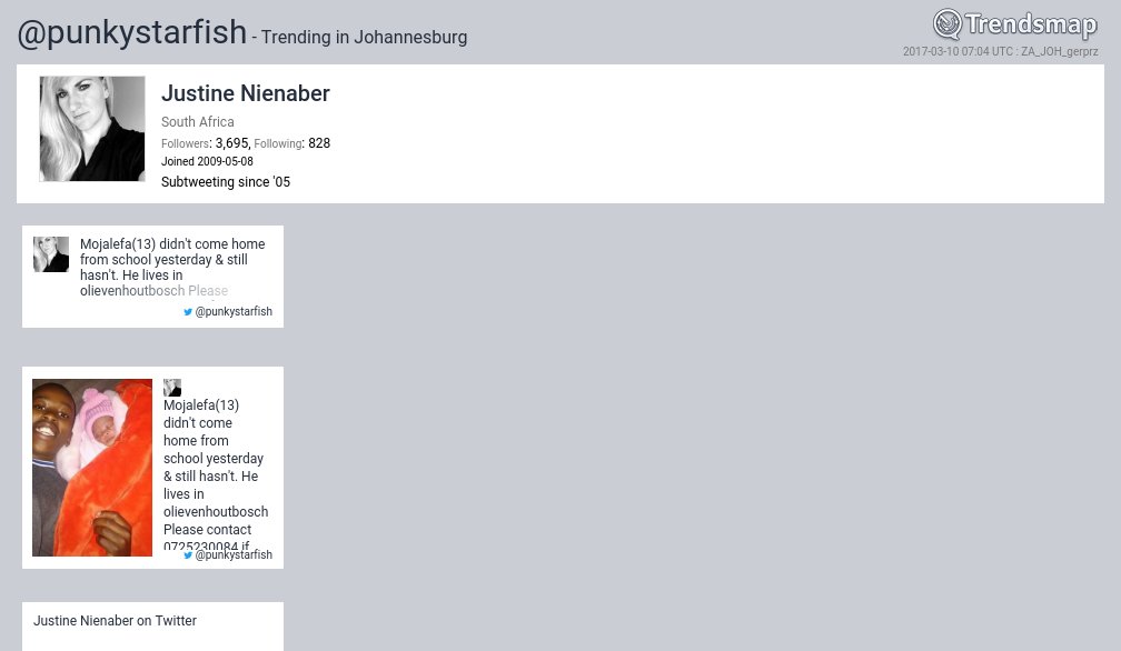 TrendsJoBurg's tweet image. Justine Nienaber, @punkystarfish is now trending in #Johannesburg

trendsmap.com/r/ZA_JOH_gerprz