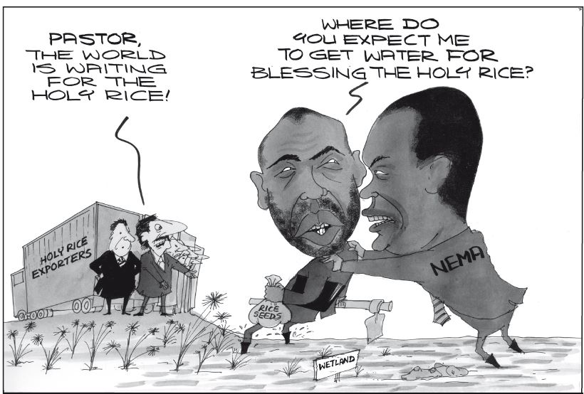 newvisionwire's tweet photo. RASTOON
Masaka district authorities and NEMA have blocked Pastor Samuel Kakande from growing rice in the wetlands. https://t.co/VKoKjXE75F
