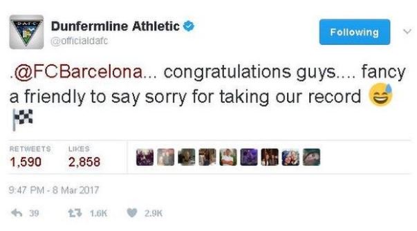 BBCSport's tweet photo. Dunfermline have asked Barcelona for a friendly.

They think they are owed an apology 😉

More: https://t.co/lQPX0UR58K https://t.co/u2NYq7VpP4