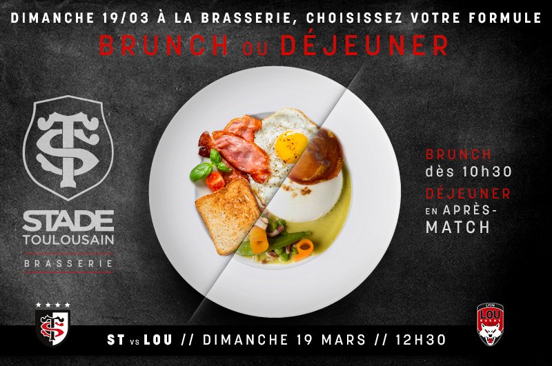 Lors de #STLOU, choisissez votre formule brunch ou déjeuner ! Réservez dès mnt votre repas à la <a href="/brasserie_st/">La Brasserie du ST</a> ! 😉 billetterie.stadetoulousain.fr