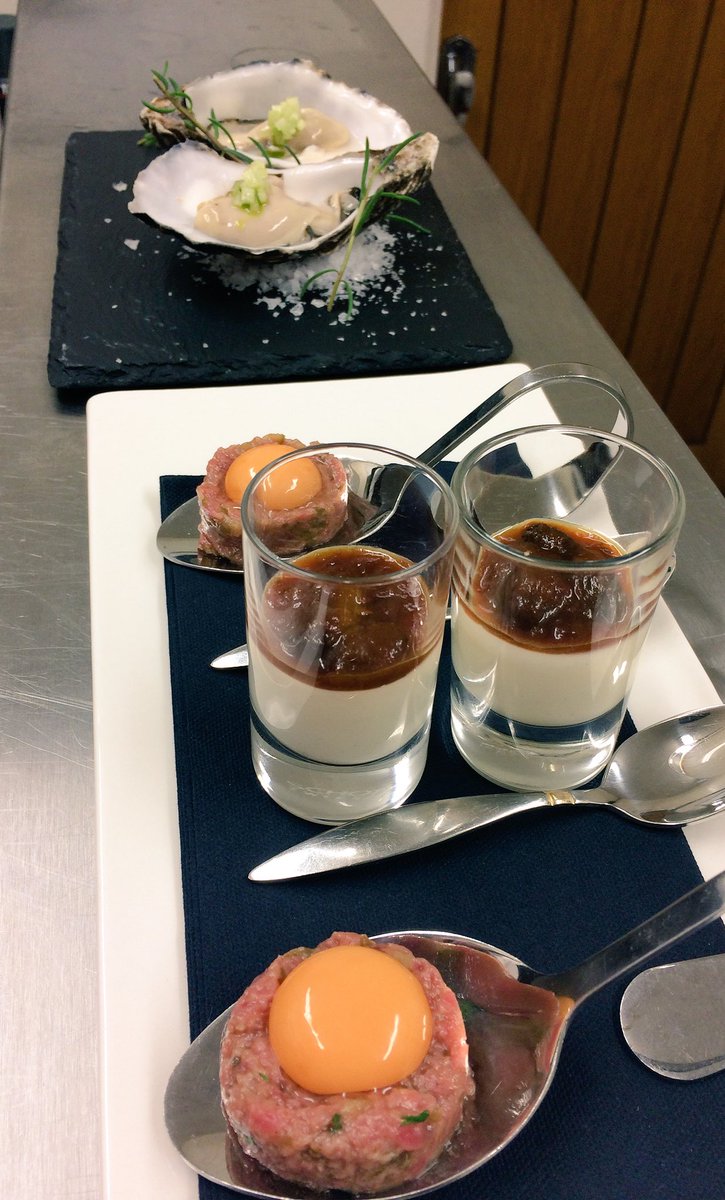 StuWaterston's tweet photo. Snacks @ #windlestraw oyster w/ apple, celery and @Cuddybridge juice. Steak tartare and set goats cheese w/ smoked tomato chutney https://t.co/GXie4d7nU5