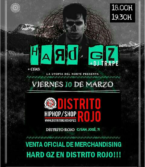 Hoy estará <a href="/hardgaliza/">HARD GZ</a> en <a href="/DistritoRojo/">Distrito Rojo</a> a las 18:00h
Estará en persona vendiendo merchadising oficial de su último disco #Kaosnomada