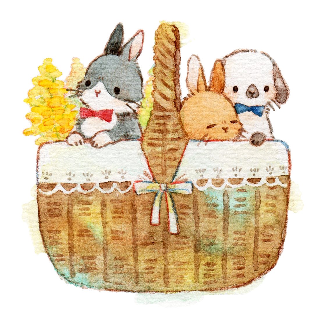 「バケットに入ってピクニックなうさぎさん。もう1枚はお花畑とうさぎさん最近Twit」|＊だてちゃん＊のイラスト