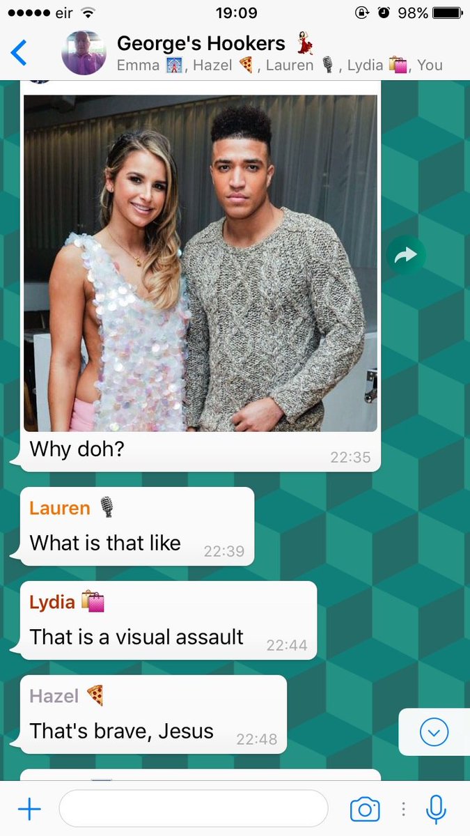 TodayFM's tweet photo. Our @TheAlPorter WhatsApp Group Of The Week are 'George's Hookers' Éadaoin sent us a typical chat screenshot!😂 #visualassault #CallMeAl https://t.co/sfEuNSKkUL