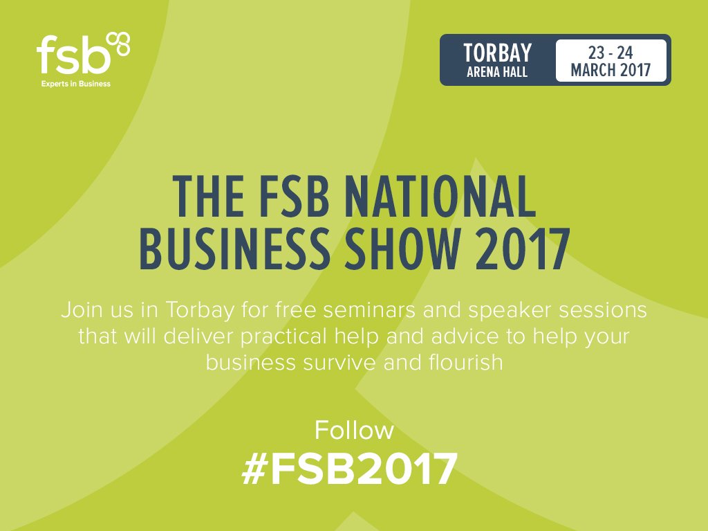 FSB_Voice's tweet photo. #FSB2017 hits #Torbay on 23-25 March why not join us for seminars on hot #SmallBusiness topics: https://t.co/ppXaWJu46Z https://t.co/LeZM50dHEj