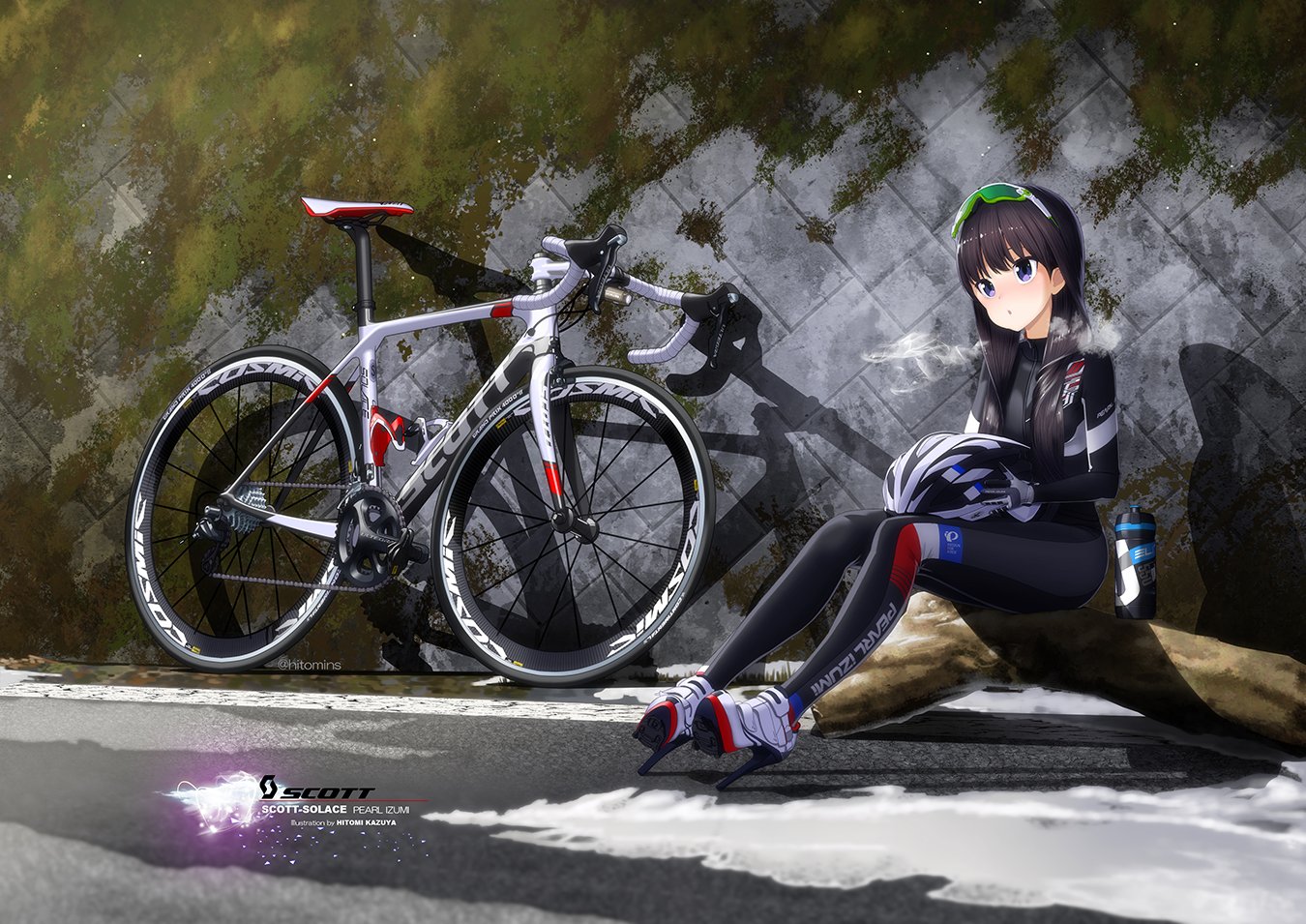 ヒトミン Scott Solace Pearlizumi P Everyday様よりご依頼のイラスト納品いたしました フレームとウェアの挿し色が統一されていてカッコいいですね 夕方の峠 冷たい空気を表現しました Scott Pearlizumi ロードバイク女子 T Co