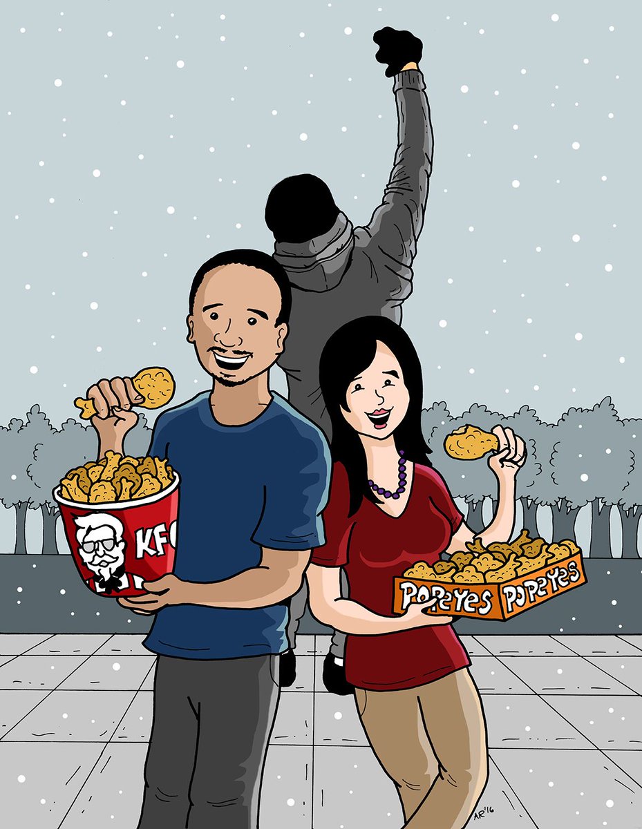 Diana and her boyfriend LOVE the movie Rocky and eating fried chicken together (Popeyes vs KFC). She asked me to draw them, and I did.