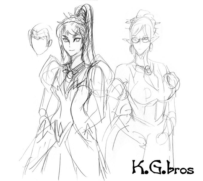 ベウゼさんとお姫様のドレスのスケッチです。
お姫様は帝国の人なので、帝王学を学んでいる
気の強い感じの人でデザインしています。
この頃は全体的にトゲトゲしていますね…最終的にはもちっと丸くしております。
ベウゼさんは、この頃からメガネで変装するイメージが出来てましたね。 