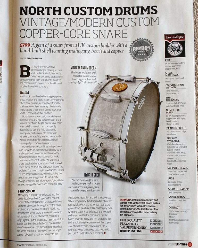 NCDShells's tweet photo. #proud #fridayfeeling. A great review of our copper core snare in @rhythmmagazine https://t.co/mvpVhHxiUb @mannythedrummer #handmadeshells https://t.co/jteiT8v5fY